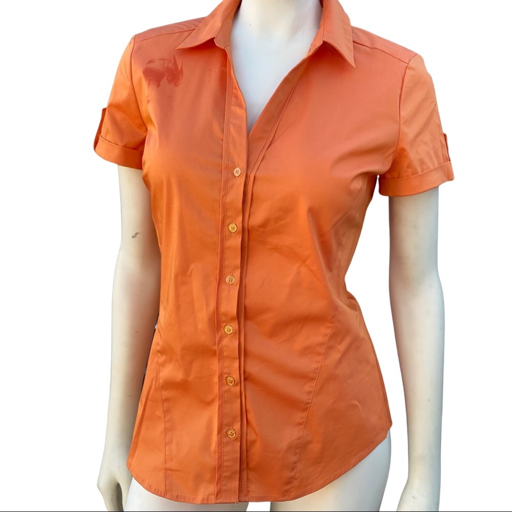 New York & Company orange short sleeve button up rolled up sleeves comfortabl